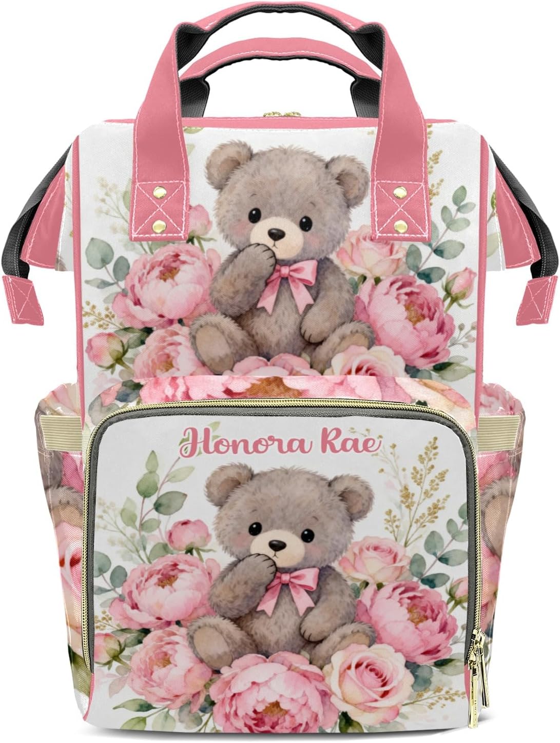 Personalized Pink Bear Custom Mom Bag with Name,Dad and Mom Diaper Backpack for Baby Boys Girls,Birthday Gift for New Parents