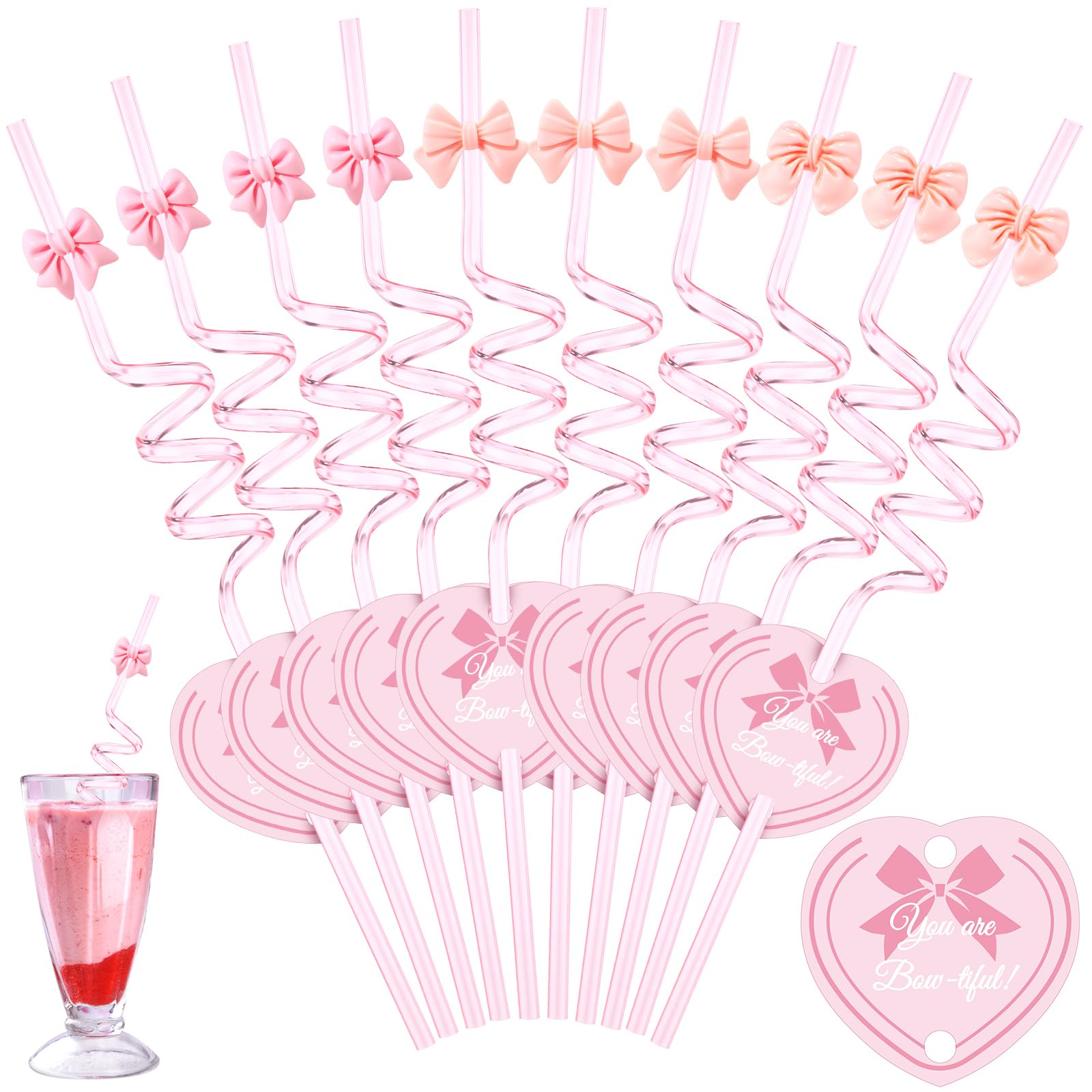 Potchen 25 Set Pink Bow Reusable Straw Bulk Cute Drinking Straws Gift with Card Y2k Party Decoration for Bachelorette Wedding Birthday Party Supplies