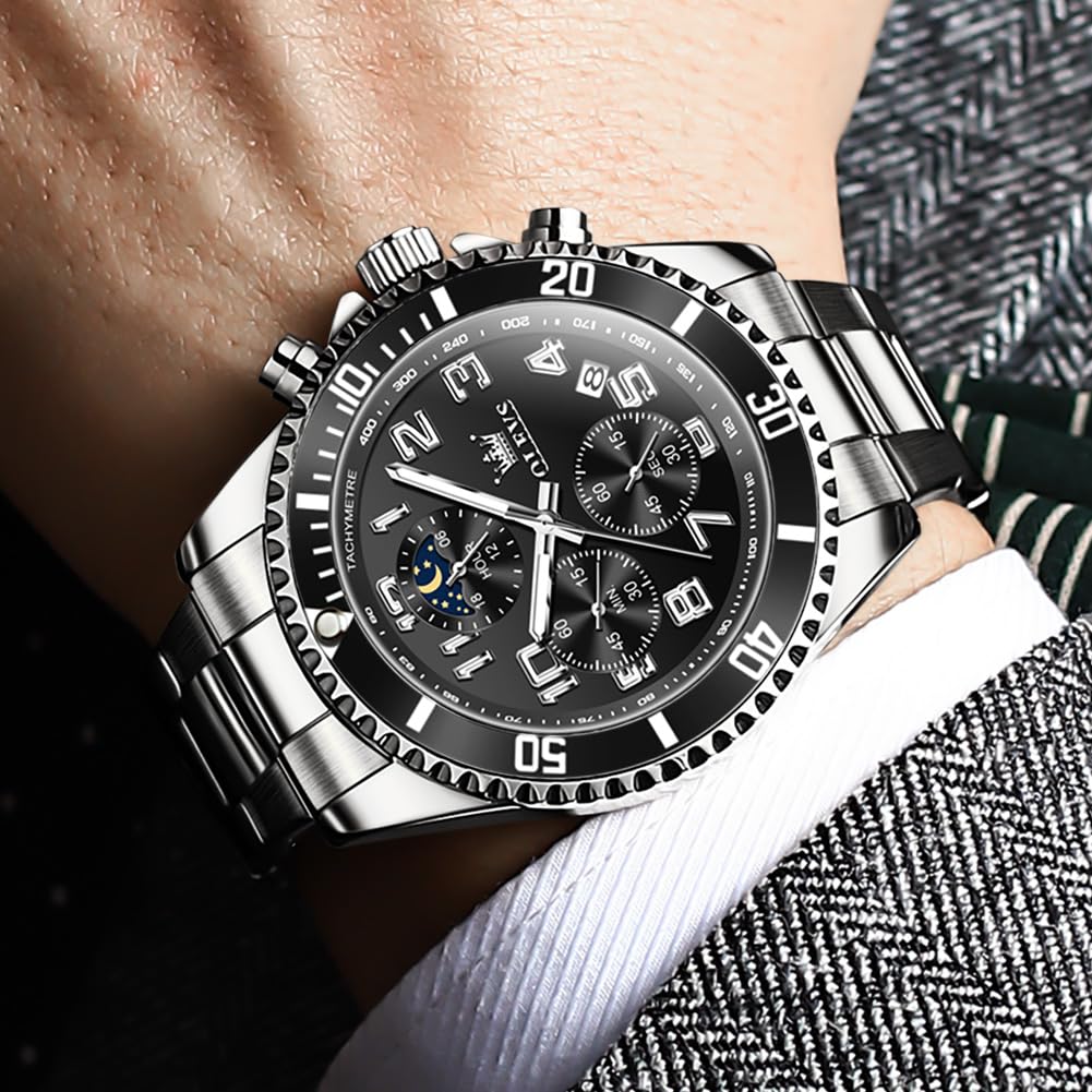 OLEVS Reloj de Pulsera para Hombre, cronógrafo, de Lujo, Fase Lunar, de Acero Inoxidable, Resistente al Agua, Luminoso, Calendario de Negocios, Reloj de Pulsera