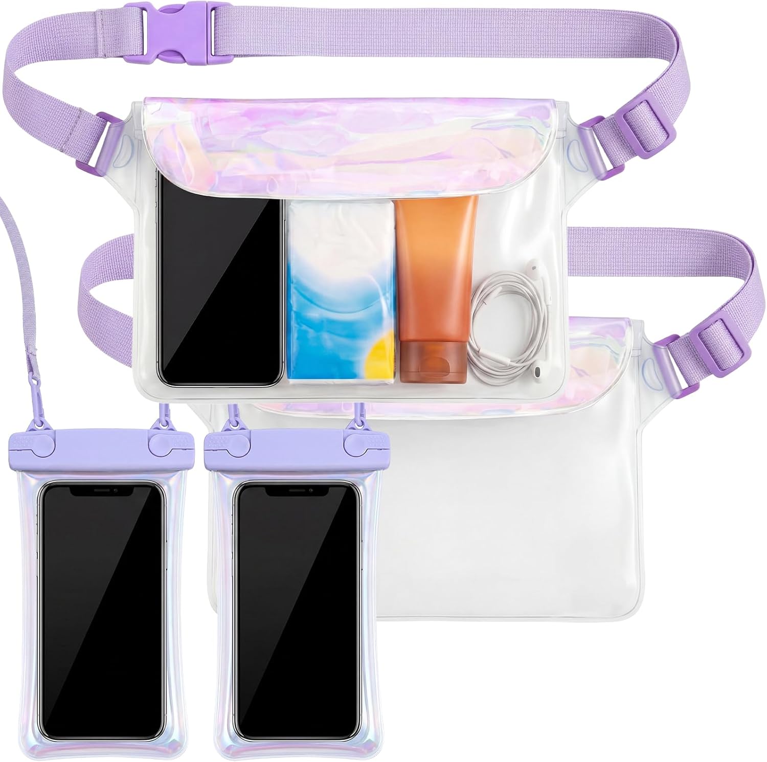 4 Pcs Waterproof Fanny Pack Waterproof Phone Pouch Dry Bag Waist Bags with Phone Cases for Snorkeling Beach Cruise Kayaking Pool Swimming (Iridescent)