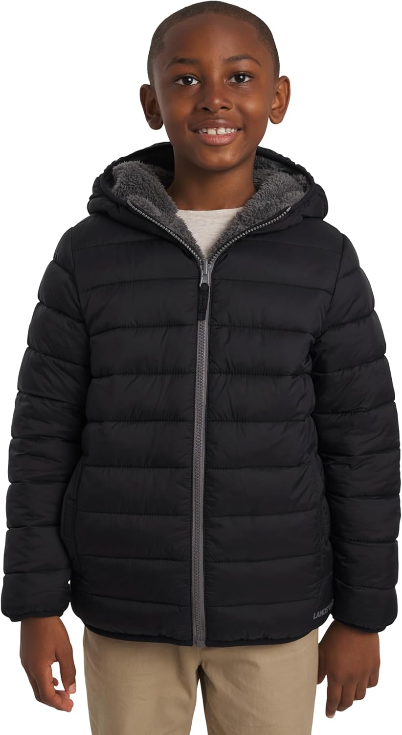 Lands' End Boys Reversible Faux Sherpa Lined Insulated Puffer Jacket Large Black