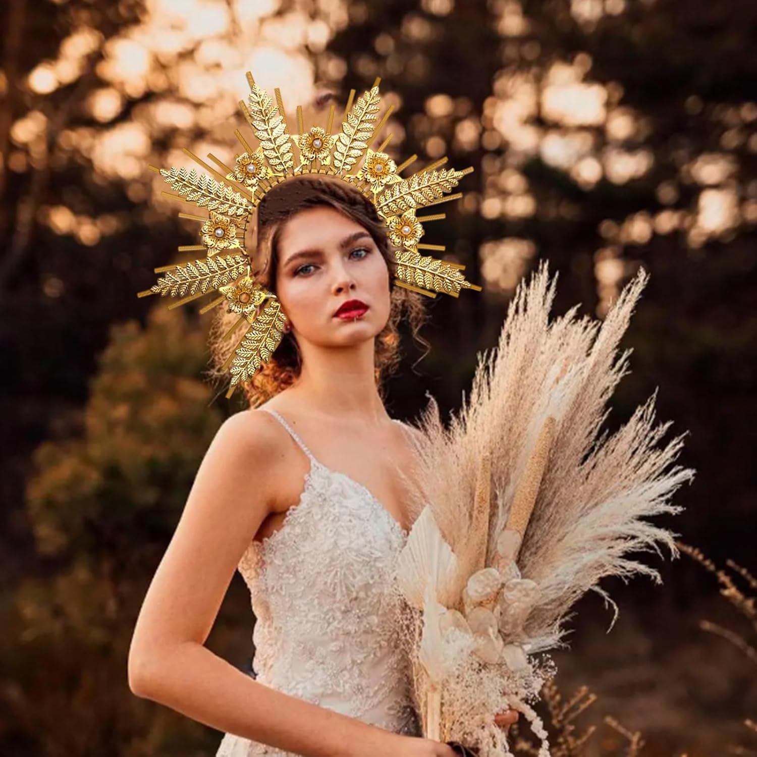 Halo Crown Mary Headpiece Gold Leaves Zip Tie Spiked Sunburst Headband Sun Goddess Headwear for Women Halloween Masquerade Cosplay Carnival Party Accessories - Image 5