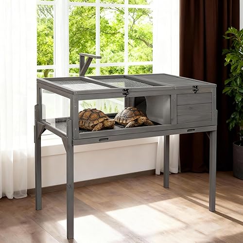GEGURI Hábitat de tortuga para interiores y exteriores, casa de tortuga de madera con patas desmontables, jaula de reptiles para animales pequeños