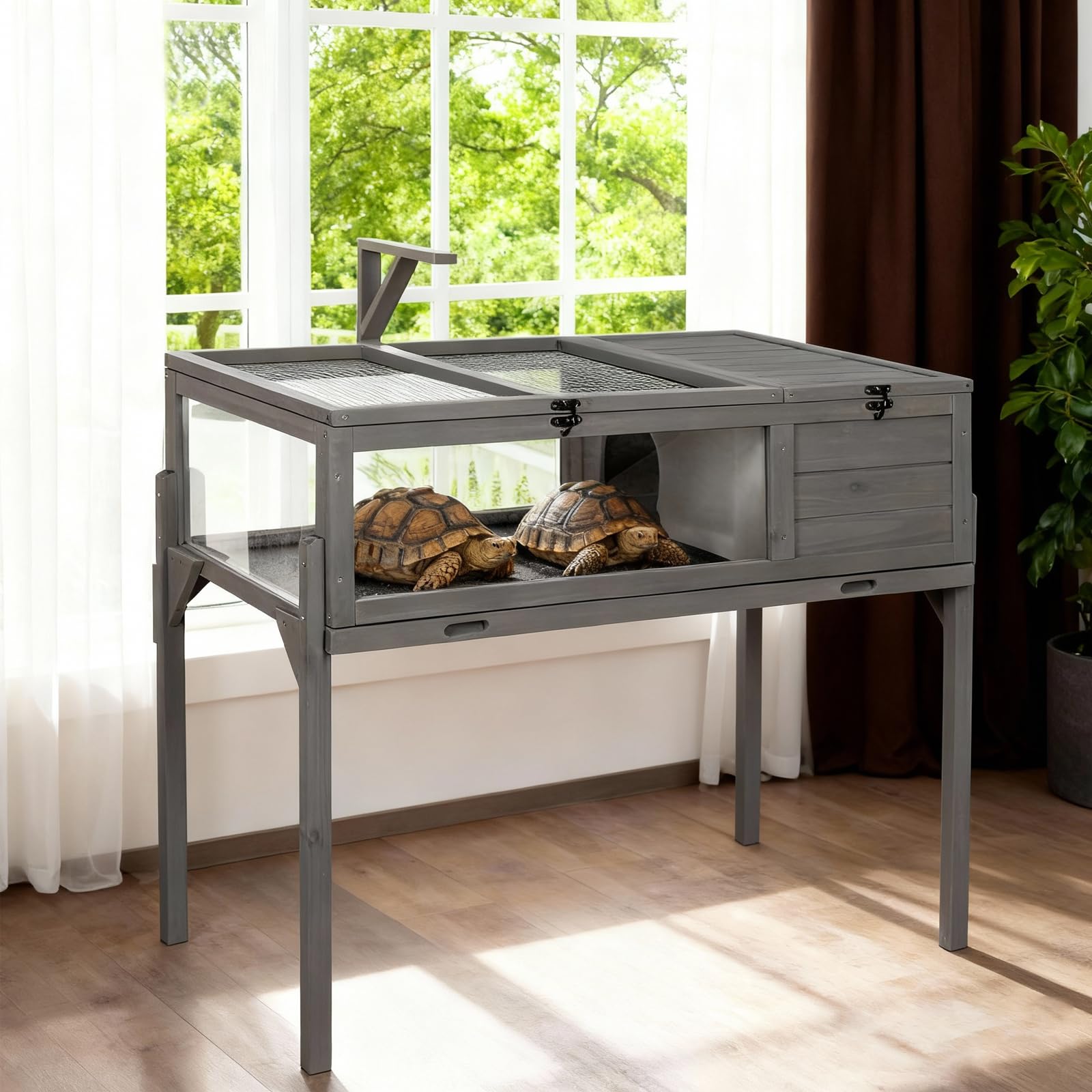 GEGURI Tortoise Habitat Indoor & Outdoor, Wooden Tortoise House with Detachable Legs, Reptile Cage for Small Animals