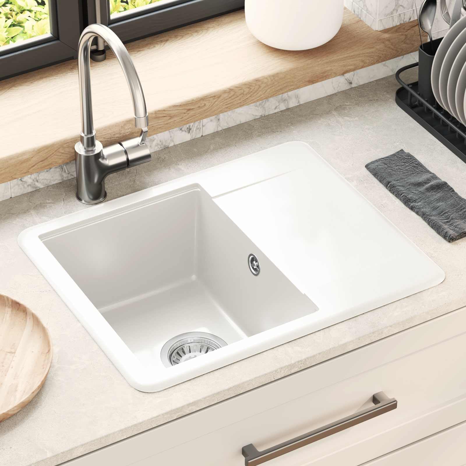 Fregadero de cocina de granito, 560 x 460 mm, color blanco | 80% cuarzo y 20% resina, rectangular, resistente a los arañazos, resistente al calor, fácil montaje