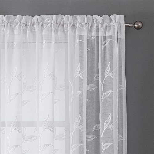 Miniatura 3 de VISIONTEX Cortinas traslúcidas blancas de 84 pulgadas de largo, juego de 2 paneles bordados con patrón de hojas florales y bolsillo para barra,