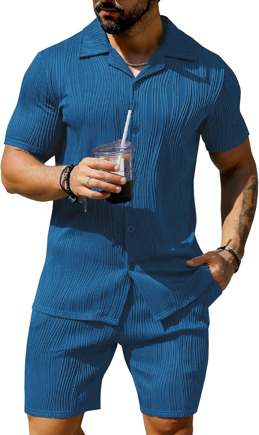 URRU Men's 2 Piece Outfits Short Sleeve Casual Button Down Shirt and Shorts Set