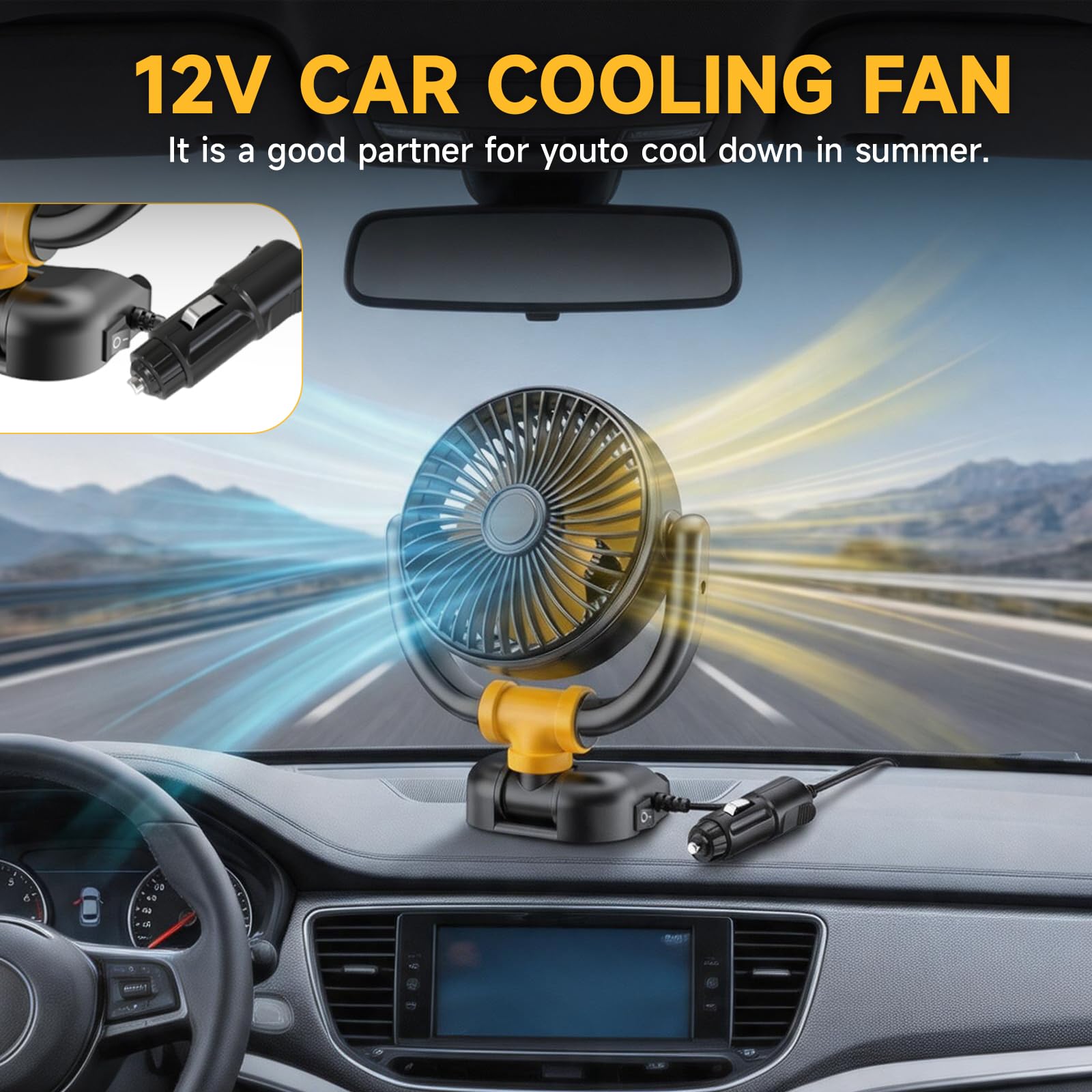 Ventilador Coche, Ventilador 12v Silencioso, Ventilador Coche Mechero, Ventilador Portatil, 360°Giratorio Viento Fuerte, para SUV RV Barco Carro