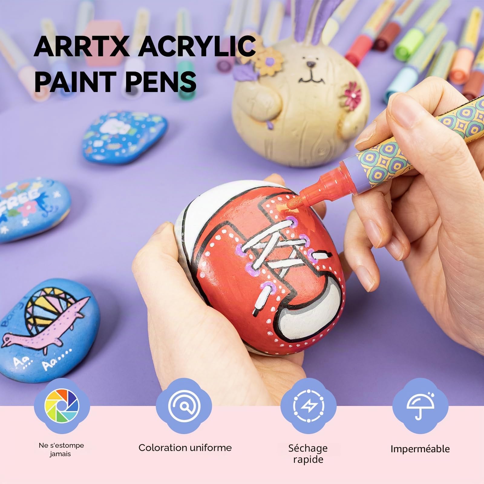 Arrtx 48 Feutre Acrylique Peinture stylo, Marqueurs Acryliques Résistants à l'eau pour Pierres, Marqueurs de Couleur de 3 mm à Pointe Moyenne, Marqueur Peinture Acrylique pour Bois,Toile,Verre,Métal
