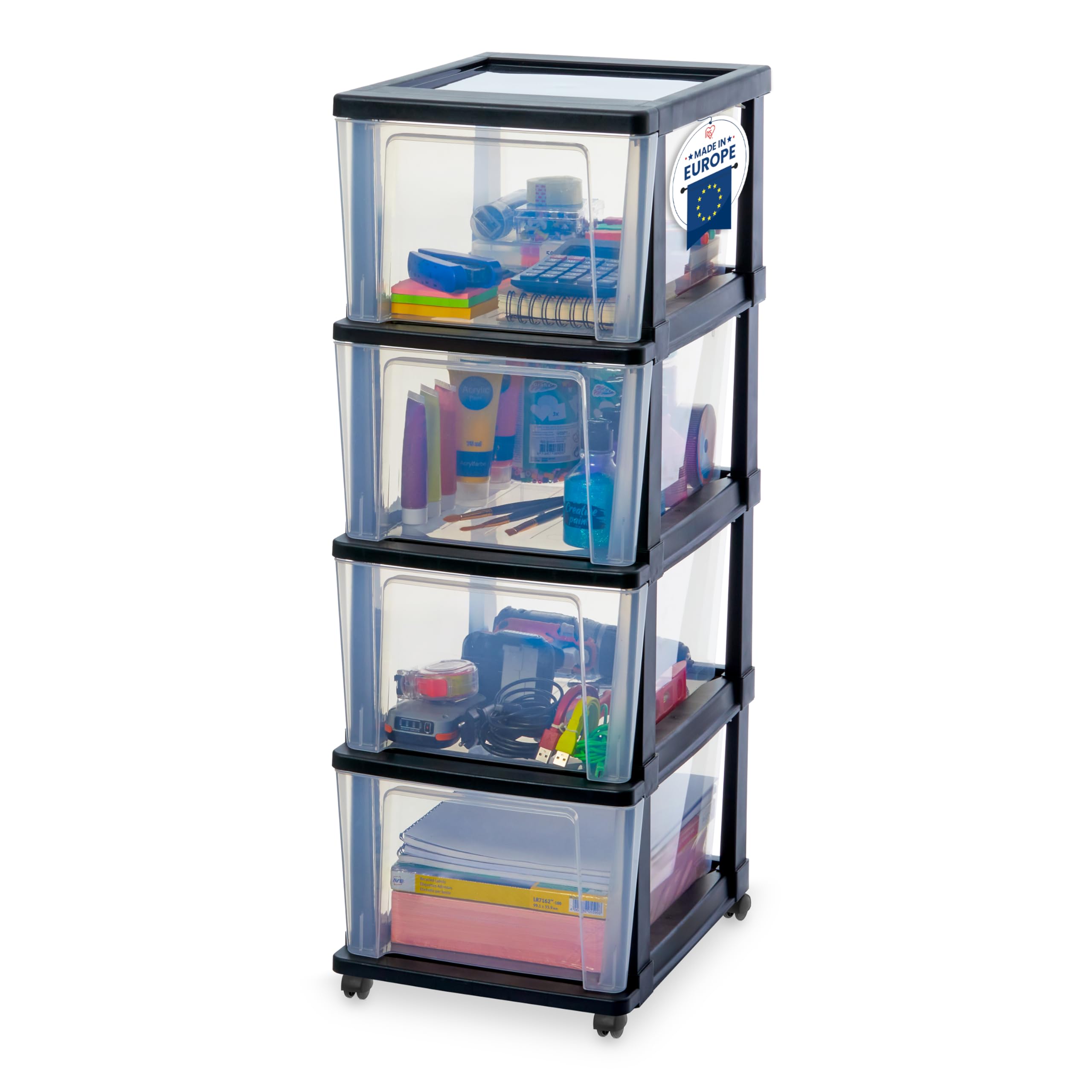 Iris Ohyama, Rollcontainer Kunststoff auf Rollen, 4 Grosse Schubladen, Schwarz, Leichtes Öffnen, Aufbewahrung, für Schreibtisch, Garage, Organizer, Schrank, BPA-frei, KMC-304