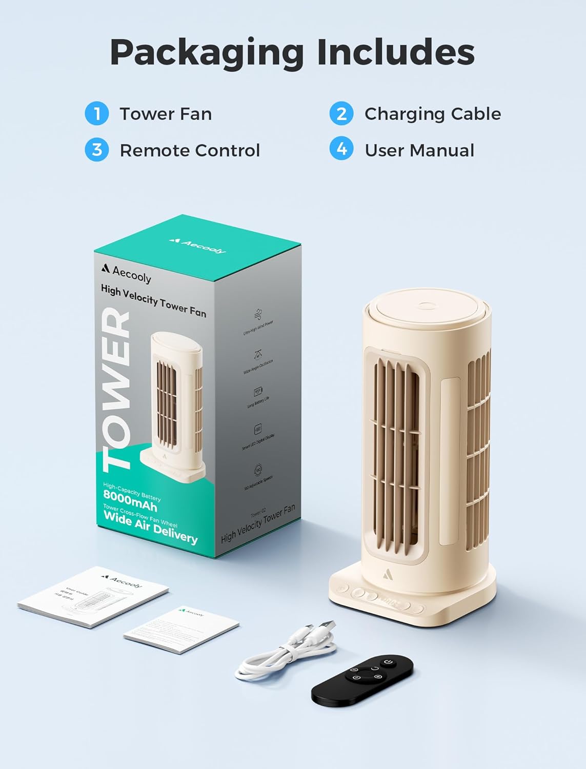 Aecooly Powerful Tower Fan, 21H Runtime, 8000mAh Battery, 100 Speeds, 60° Oscillation, Remote Control, Portable Desk Fan with 1–12H Timer for Bedroom, Home,Office - Beige
