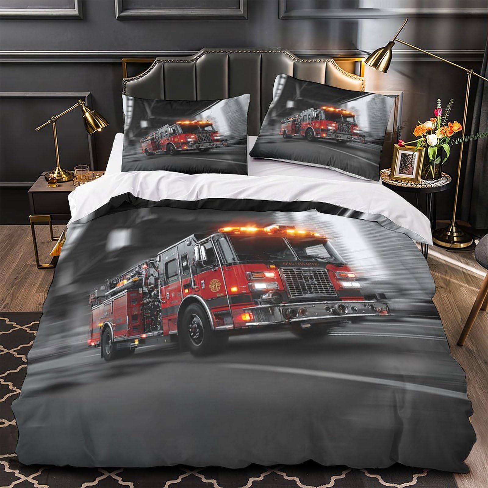 Housse de couette 260x220 camion de pompiers d'intervention d'urgence imprimé 3D