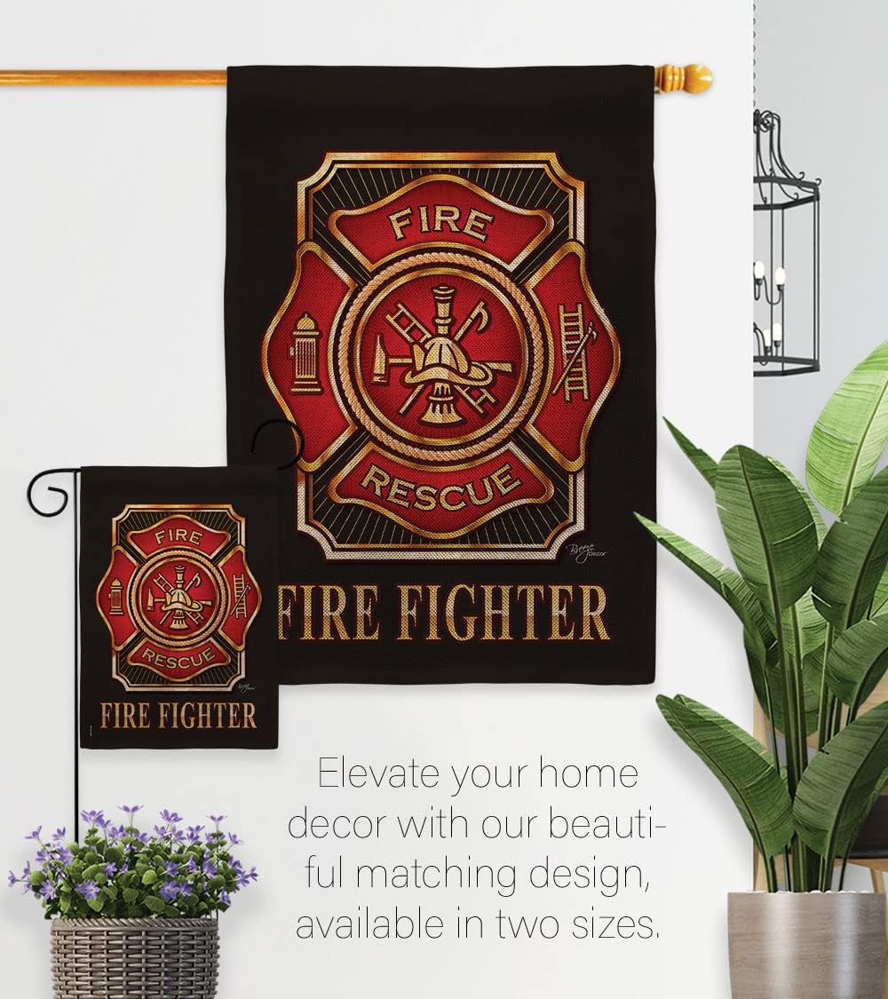 Fire Fighter Burlap Garden Flag - Set Wall Holder Armed Forces Firefrighter Fireman Department Rescue Red Line Hero Support - House Banner Small Yard Gift Double-Sided Made in USA 13 X 18.5