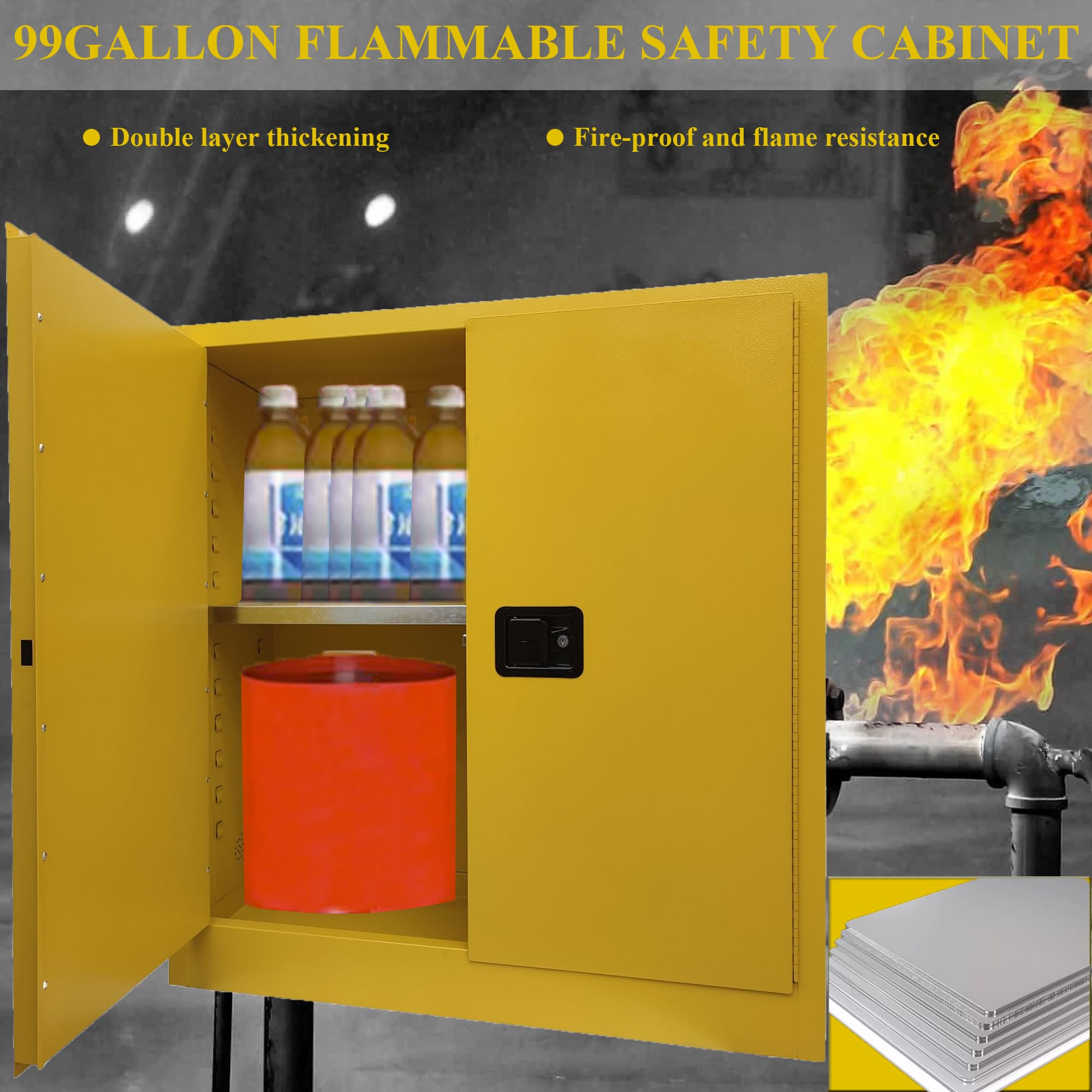 HQHAOTWU Flammable Cabinet Industry Chemical Storage Cabinets 99 Gallon Explosion Proof Safety Cabinet with Two Door Manual Close for Commercial Industrial and Home Use 43 * 18 * 44In