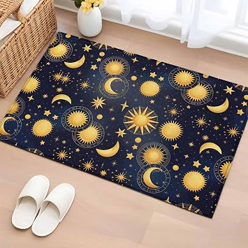 2x3 Area Rugs for Living Room, Blue Star Sky Non Slip Washable Rug Runner, Retro Fantasy Farmhouse Gold Moon Sun Low Pile Indoor Floor Carpet Mat Bathroom Rugs for Bedroom, Kids Room