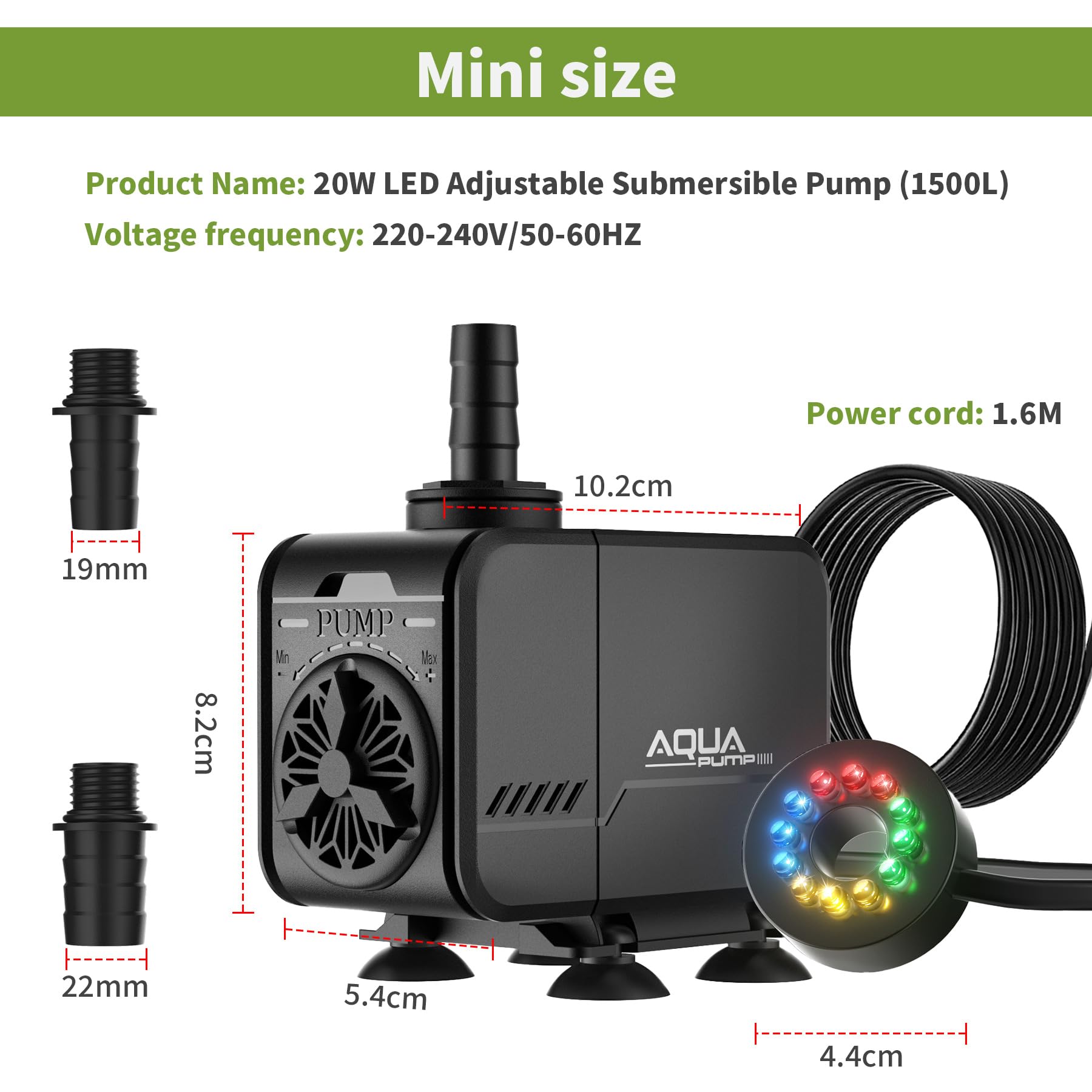 Forever Speed Pompa do akwarium Pompa do stawu regulowana Pompy do nurkowania 1500L/H do akwarium Teich Brunnen Ogród Akwarium z 12 kolorowymi lampkami LED, Max Förderhöhe 1.5M