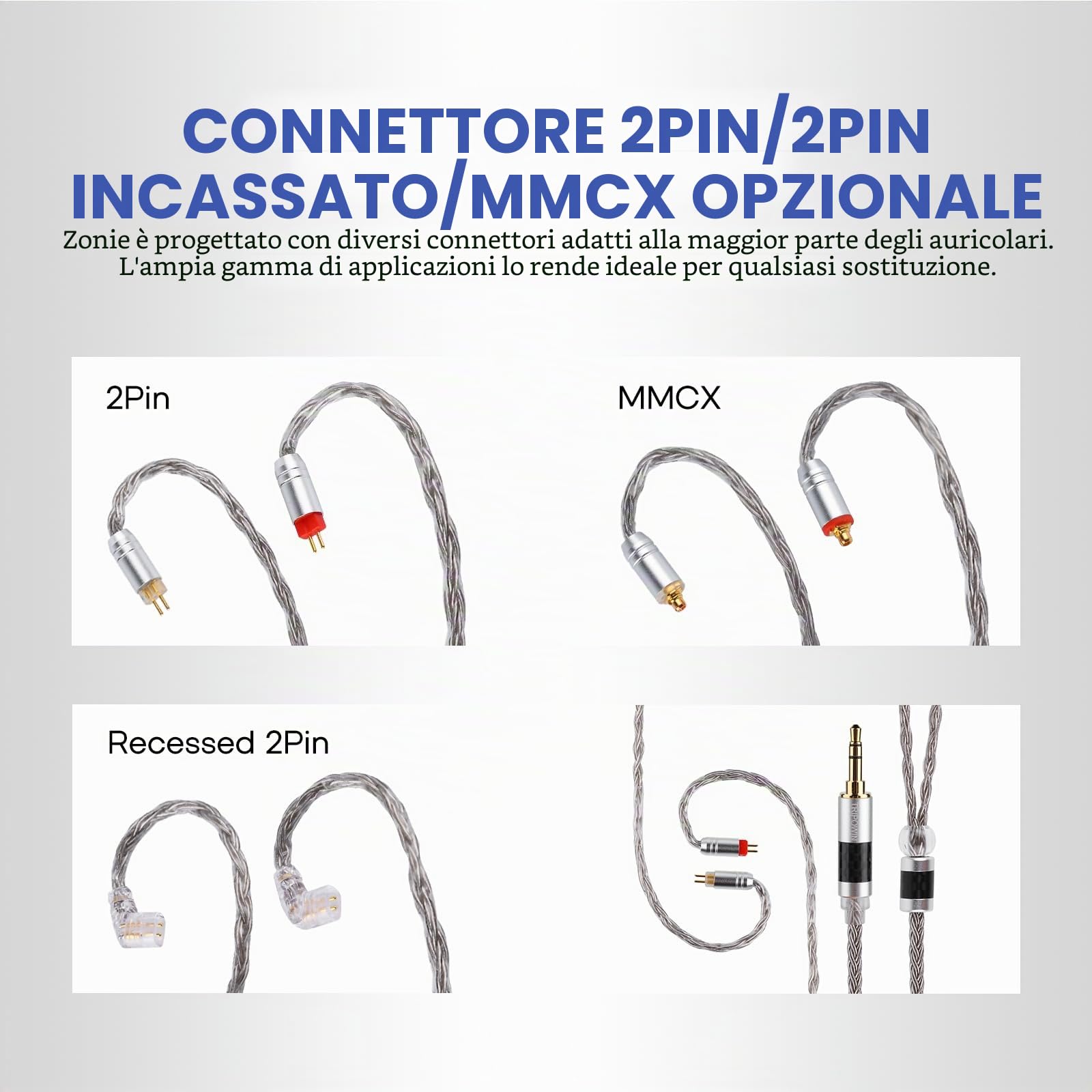 Linsoul Tripowin Zonie IEM Cavo, 16 Core Placcato Argento Cordoni Aggiornati, 1.25m SPC in Ear Monitor Cavi per 7hz Zero:2 Orchestra Lite Cadenza Hype4 Supermix4(2pin 0.78mm, 2.5mm)(Grigio)