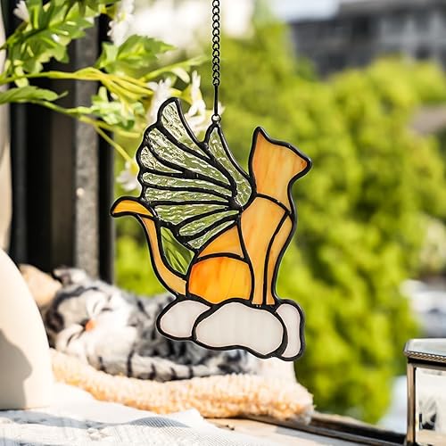 Miniatura 2 de Regalos conmemorativos de gato con alas de arco iris de ángel, atrapasoles de gato naranja, atrapasoles de cristal manchado para colgar en la