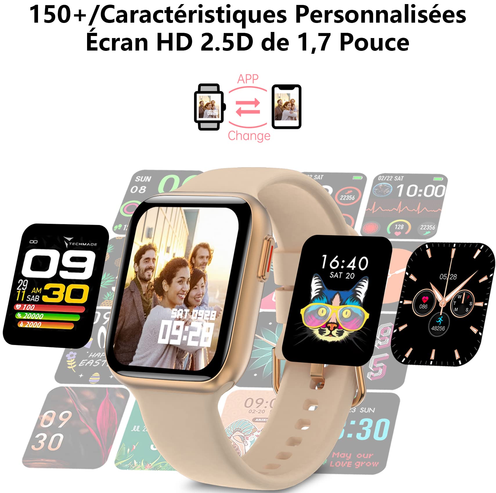 BRIBEJAT BT3 Montre Connectée Femme Homme, 1.69" Smartwatch avec Appel Bluetooth, 28 Modes Sportifs, Podometre/Fréquence Cardiaque/Sommeil, Etanche IP68, Fitness Tracker pour Android iOS, Or Rose