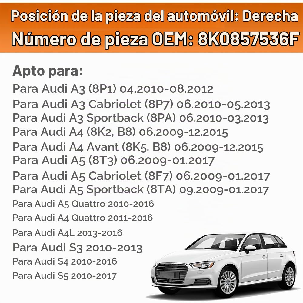 SENZEAL Cristal del Espejo para Audi A3 8P A4 8K B8 A5 8T Derecho Lado del Pasajero Calefactado con Placa de Soporte 8K0857536F (Derecho)