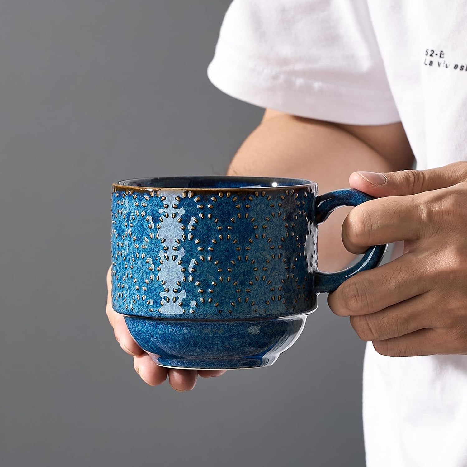 Large Ceramic Coffee Mug Set of 4 with Stand, 15 Oz Stackable Different Embossment Ribbed Latte Cup Set for Cappuccino, Tea, Hot Cocoa, Drinks - Dishwasher & Microwave Safe, Blue - Image 5