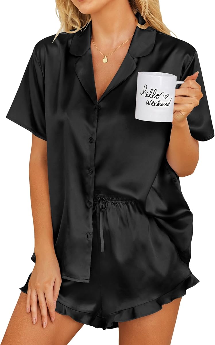Conjunto de pijama de satén para mujer con botones y pantalones cortos de seda con volantes