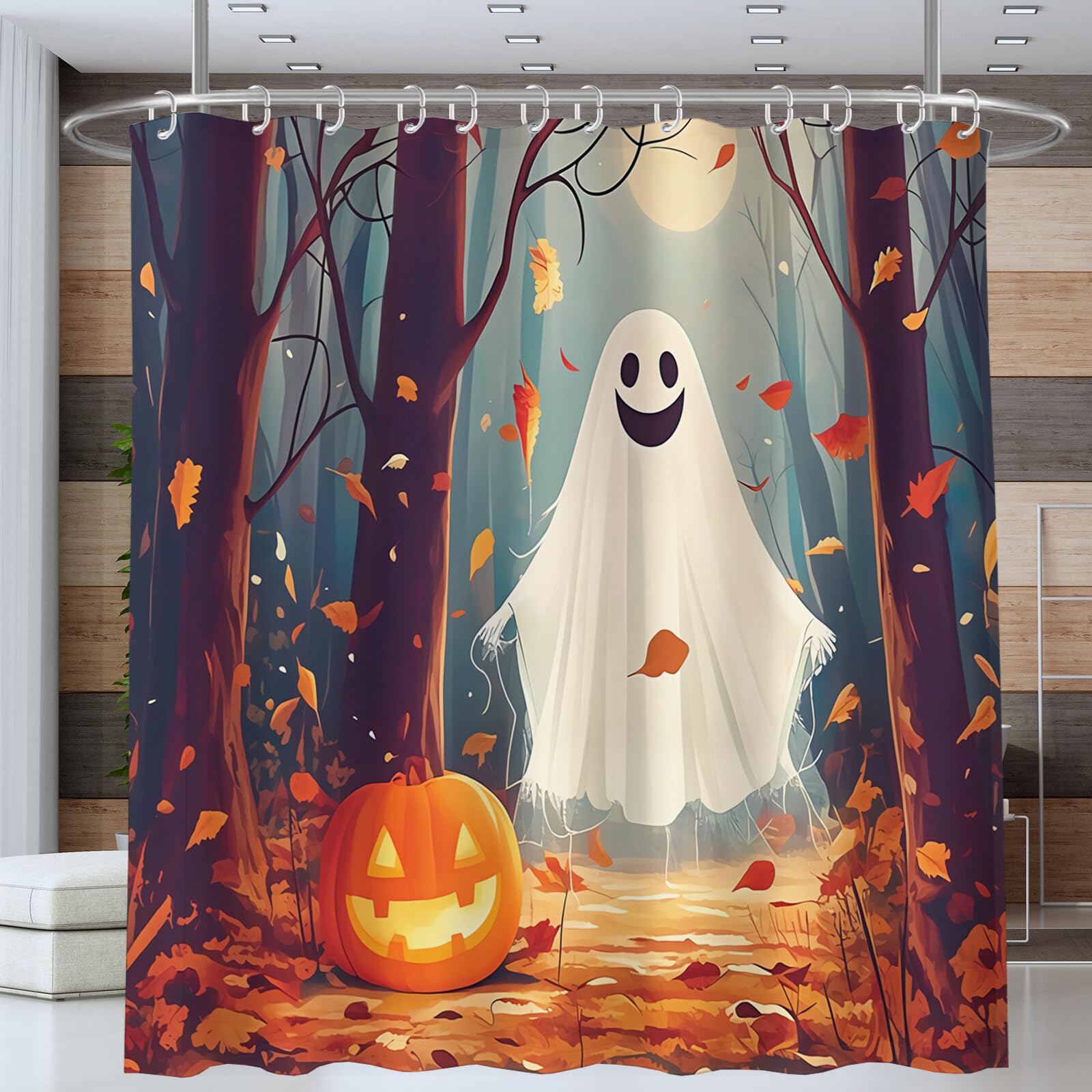 Duschvorhang Halloween Kürbisgeist Wald-Cartoon Duschvorhänge H240Xb200Cm | Anti-Schimmel Wasserdicht Polyester Stoff Waschbar Bad Vorhäng Für Badzimmer Mit Haken