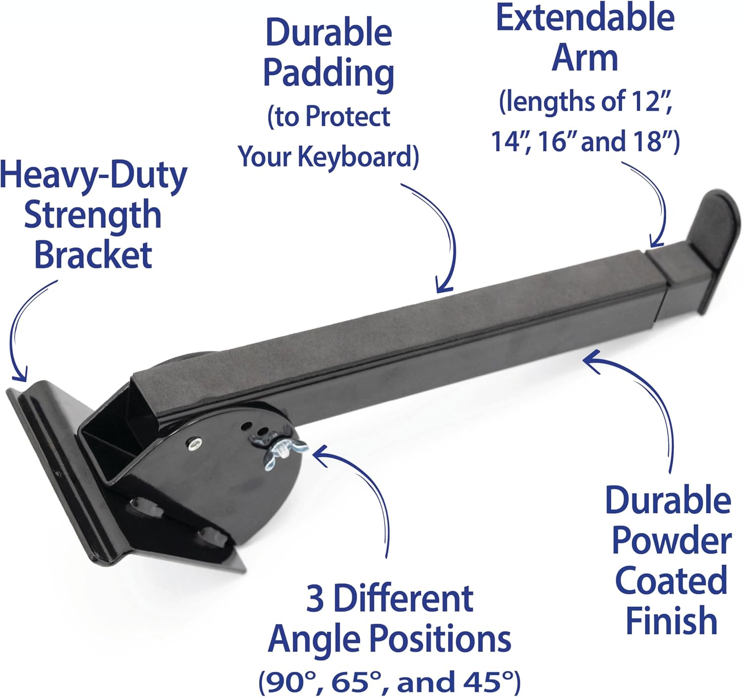 Victory Display Heavy-Duty Steel Keyboard Arms(1-PAIR), fits into Slatwall Panels, Telescoping Arms (12" to 18"), Adjustable slanting from 45° to 65° to 90°, for Keyboards and Music Production Equipment