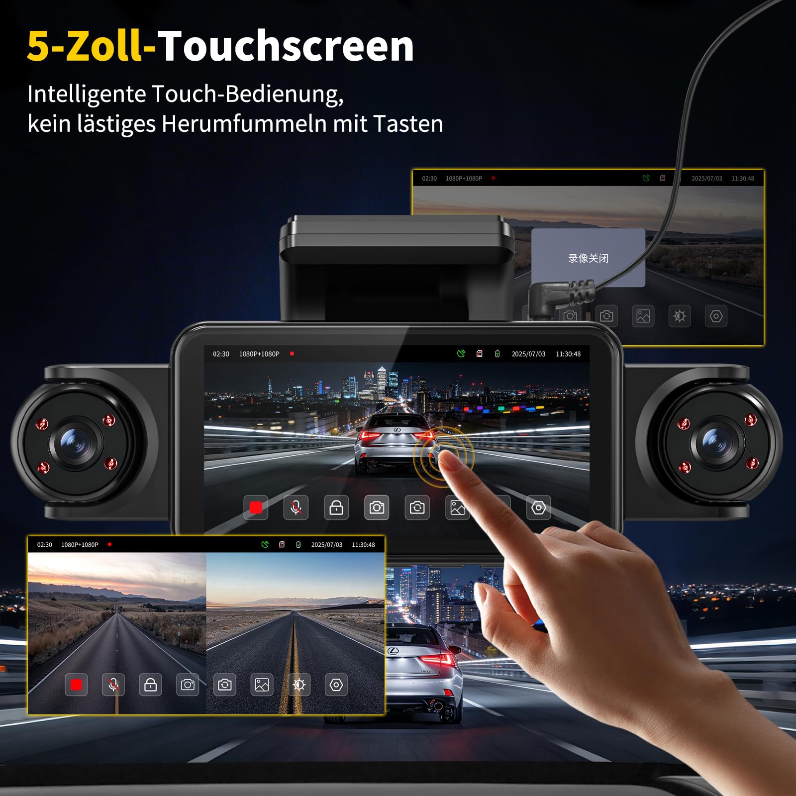 4 Kanal Dashcam 360° Dashcam Auto Vorne Hinten 4K+1080P, 5 Zoll IPS Bildschirm Dash Cam Auto Kamera mit WiFi Kostenlose 64 GB Karte,8 IR Lamp Nachtsicht,G Sensor,Loop-Aufnahme,APP Steuerung