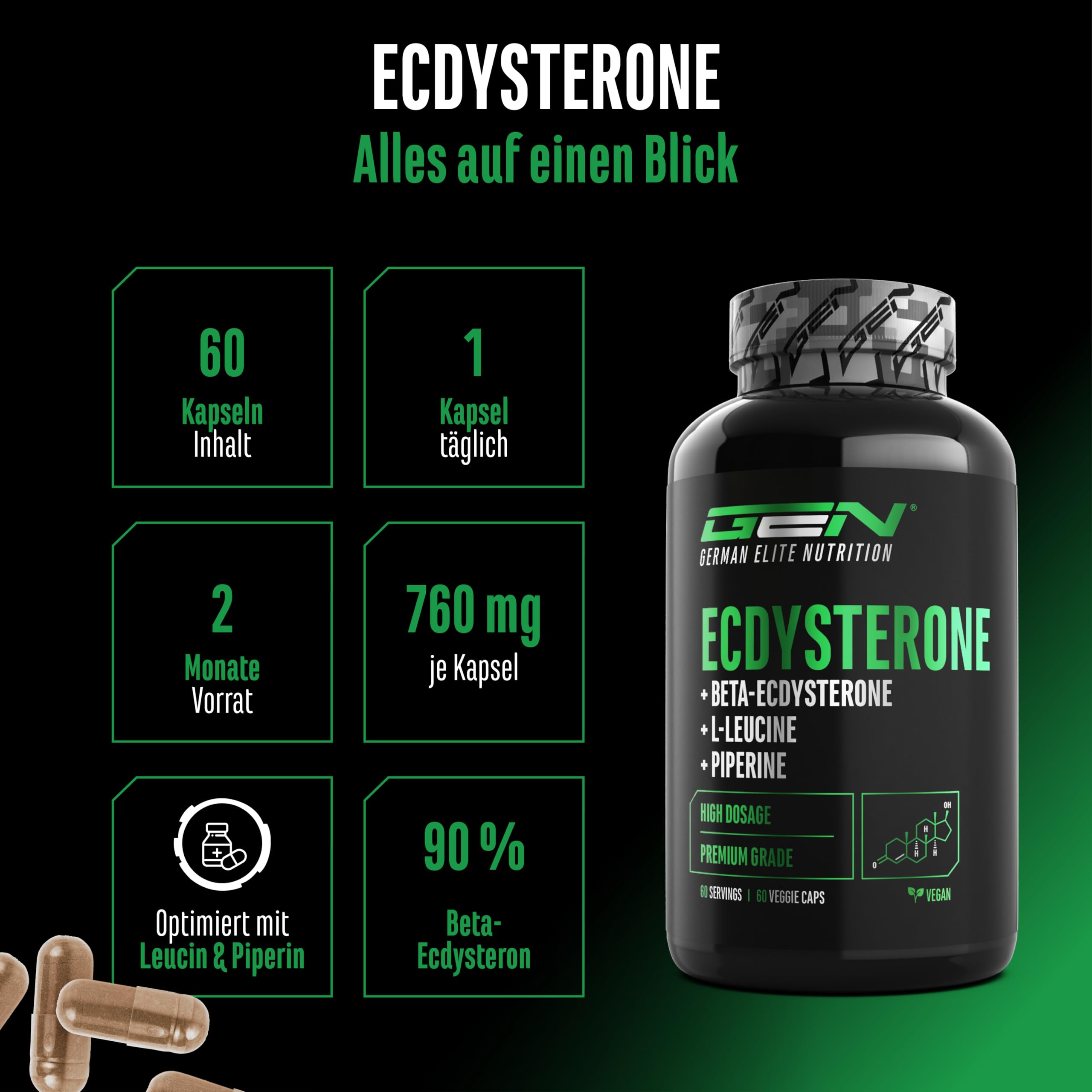 Ecdysteron Komplex - 760 mg pro Kapsel – Mit 90% Beta-Ecdysteron, L-Leucin & Piperin – Hochdosiert & in Premiumqualität - 60 vegane Kapseln