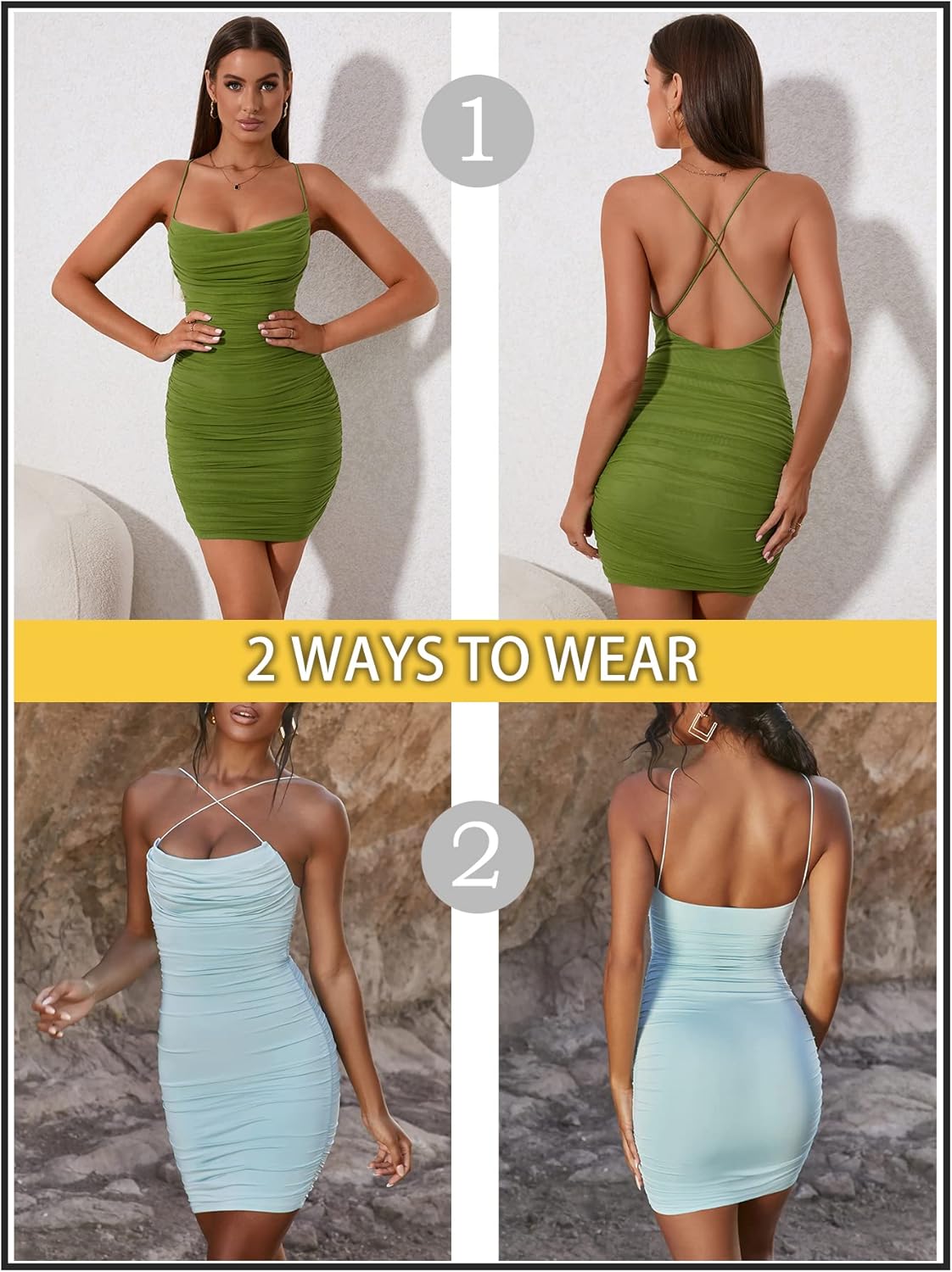 KUTUMAI Women's Ruched Bodycon Mini Dress Summer Spaghetti Strap Party Club Dresses - Image 5