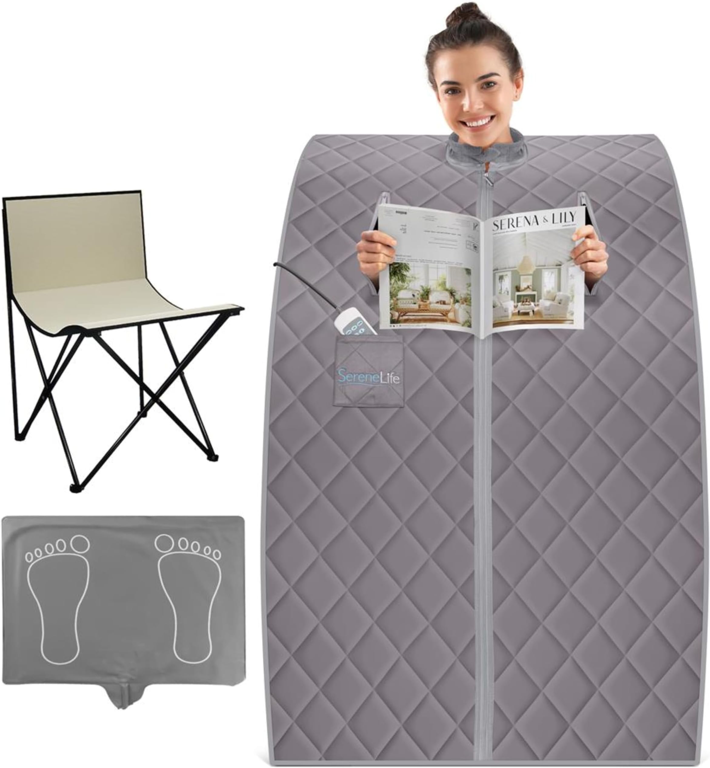 SereneLife Infrared Sauna Tent - Mini Steam Sauna for Home, Grey Mobile Sauna Tent with Chair & Doormat | Portable Home Sauna for Relaxation & Infrared Heat Therapy
