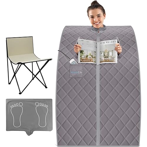 SereneLife Portable Sauna Box for Home, Infrared Sauna Tent with Heated Foot Pad and Folding Chair, Remote Control In-Home Spa, 38" x 32”