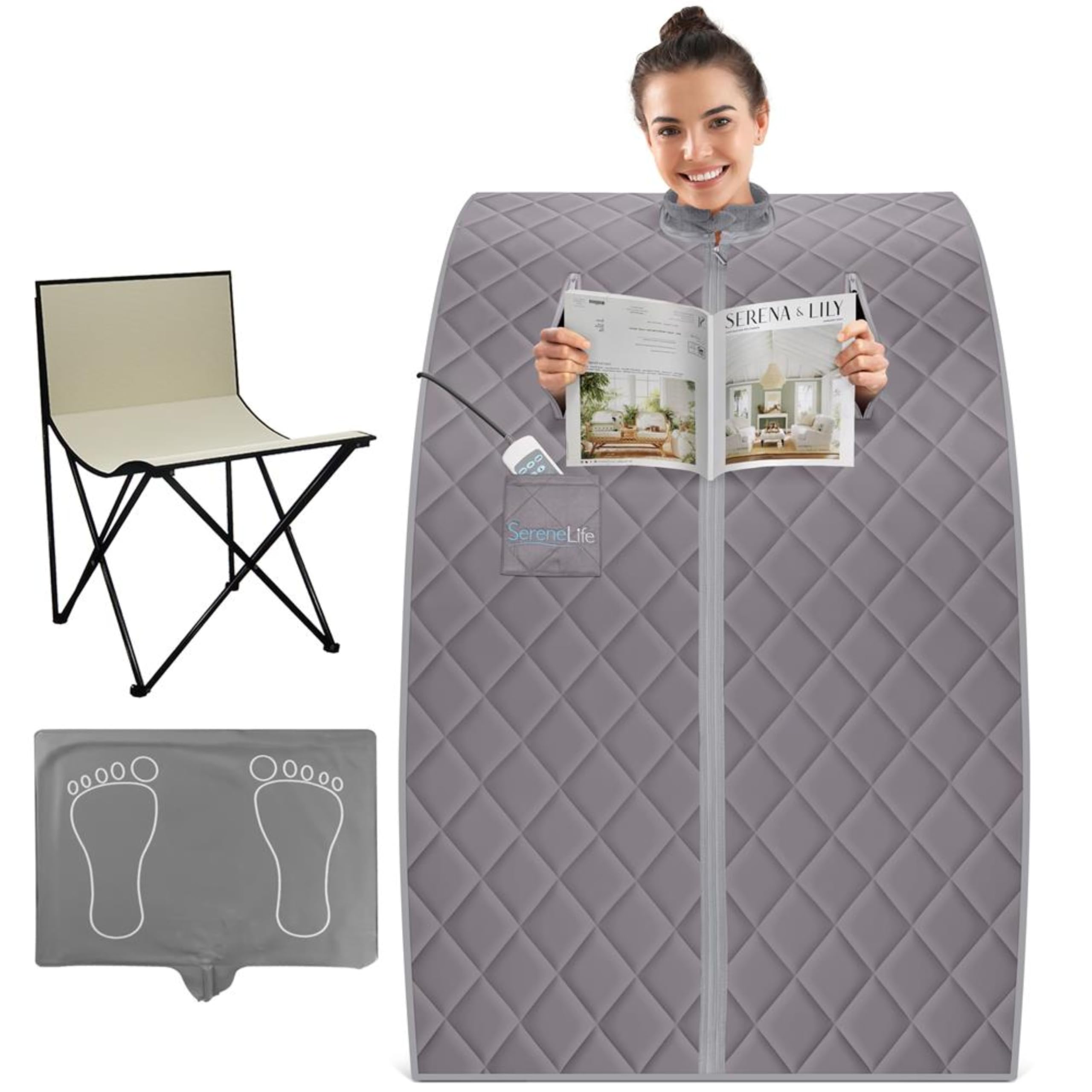 SereneLife Portable Sauna Box for Home, Infrared Sauna Tent with Heated Foot Pad and Folding Chair, Remote Control In-Home Spa, 38" x 32”