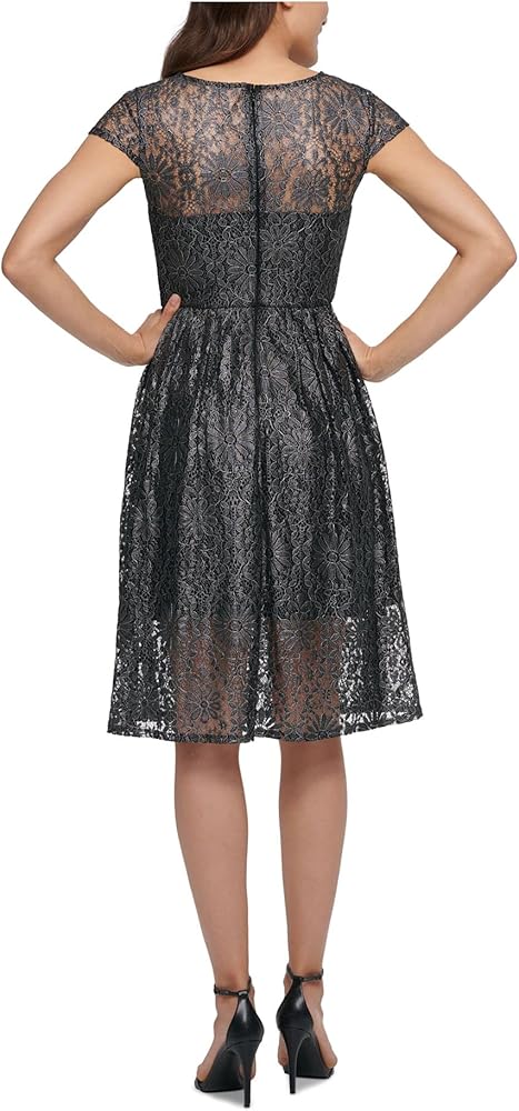 Amazon.com: kensie Black and Silver Foil Lace Short Sleeve Fit and Flare  Dress Size 0 : Clothing, Shoes & Jewelry