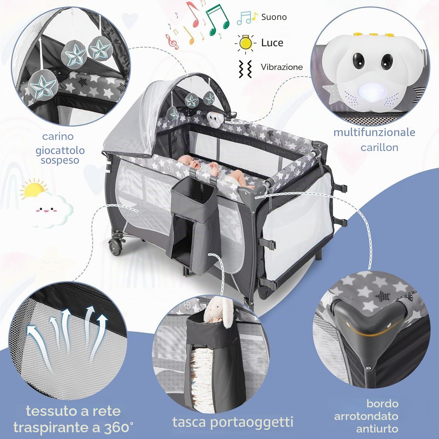 FANTASK Lettino 4 in 1 grigio con arco e carillon con ruote, borsa per il trasporto, lettino portatile da viaggio con materasso pieghevole, fasciatoio, baldacchino, per bambini fino a 36 mesi
