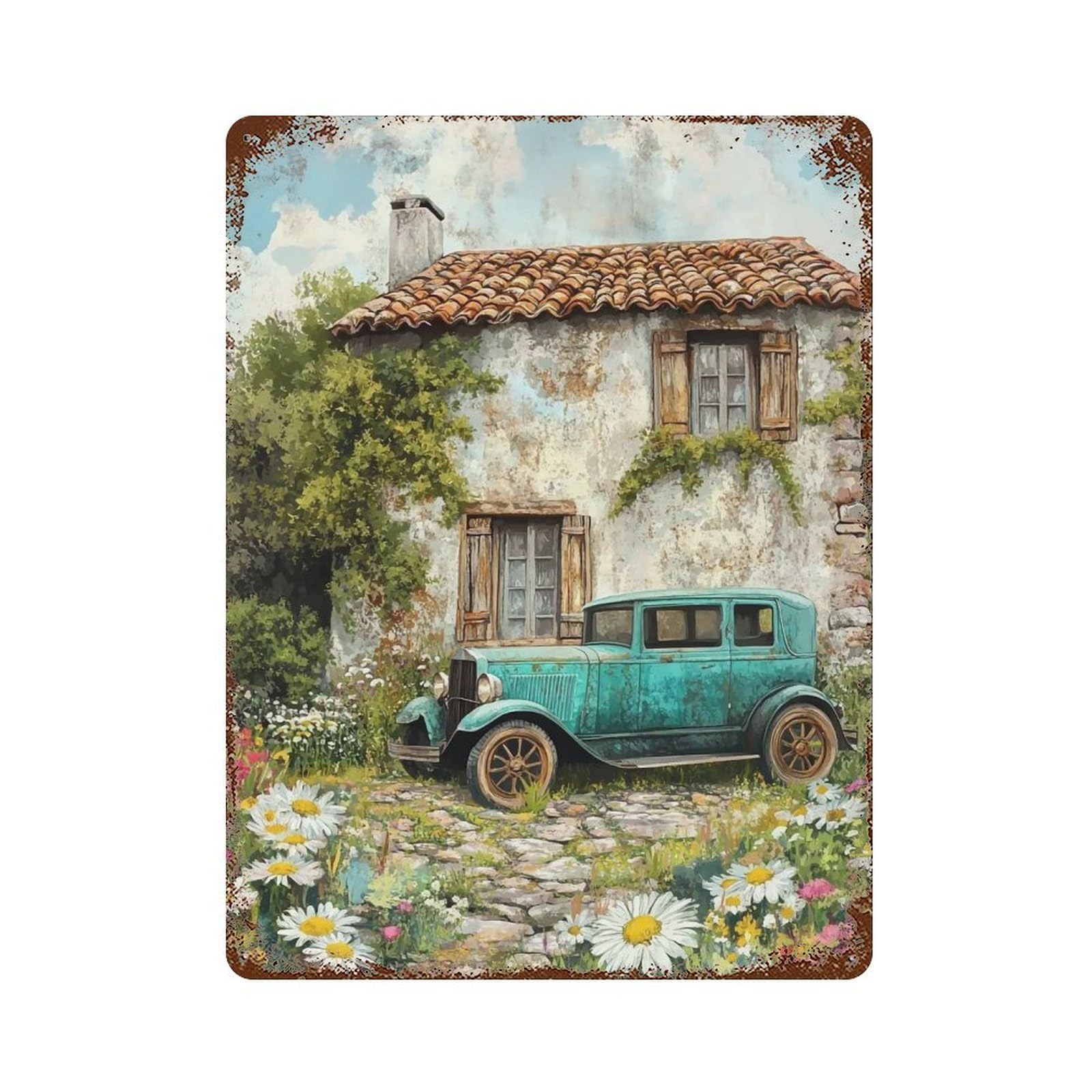 HDURYEYRYY Rural Stone House Old Automobile 02 Wall Retro Iron Vintage Art Metal Tin Sign Poster Modern Home Cofffee Club Art Bar Shop Decor 40x30cm