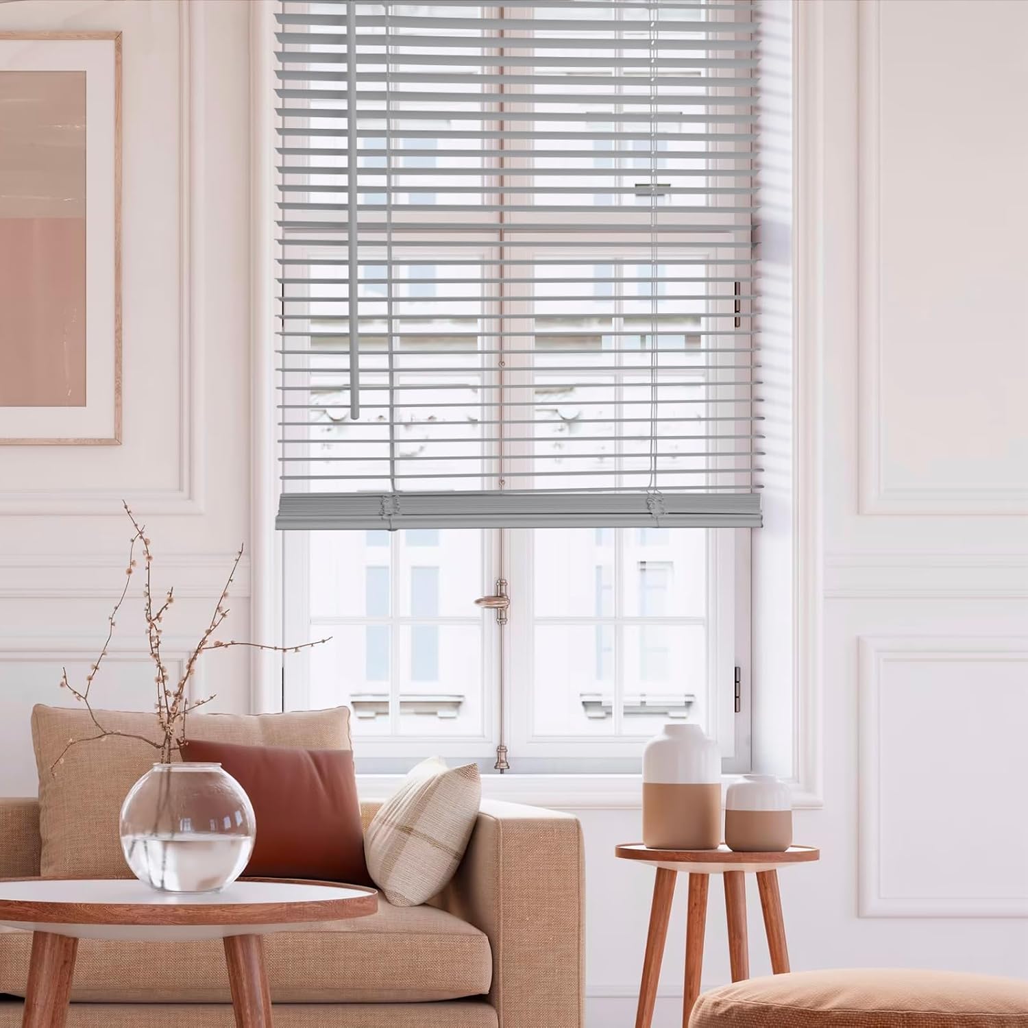 MYshade No-Drill Cordless Horizontal Mini Blinds – 34" W x 64" H Tool-Free Inside Mount Window Blinds with 1" Vinyl Slats, Light Filtering & Privacy, Child & Pet Safe, Gray