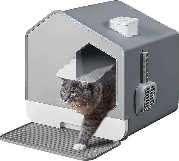 YITAHOME Extra Large Enclosed Cat Litter Box with Mat and Litter Scoop, Odorless Anti-Splashing XL Covered Hooded Cat Box, No Installation Needed Gray Enclosed Cat Litter Box