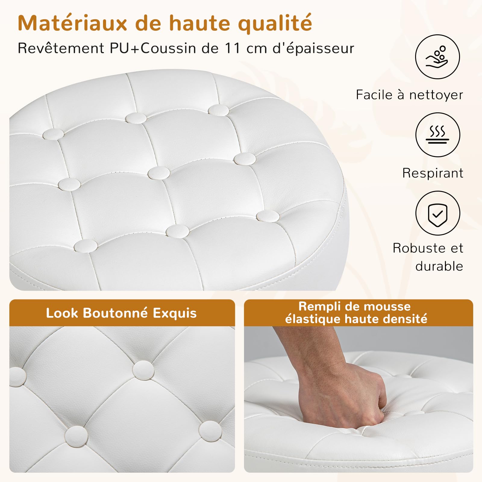 Tabouret de Coiffeuse, Tabouret de Maquillage, Tabouret Pivotant Réglable en Hauteur, Tabouret de Bar Rond Rembourré en Similicuir pour Chambre à Coucher Salon Salle à Manger, Blanc