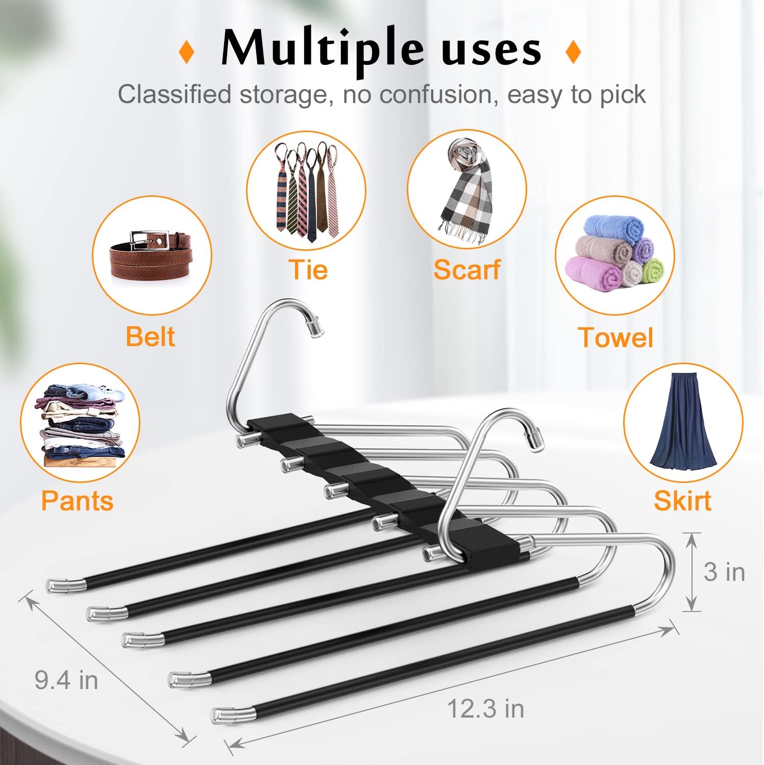 Loretoy 2 Pack Pants Hangers Space Saving, Anti-Slip Multi-Functional Pants Rack, Thickened Stainless Steel Tube, Two Hanging Modes Suitable for Jeans Trousers Skirts Scarf-Black