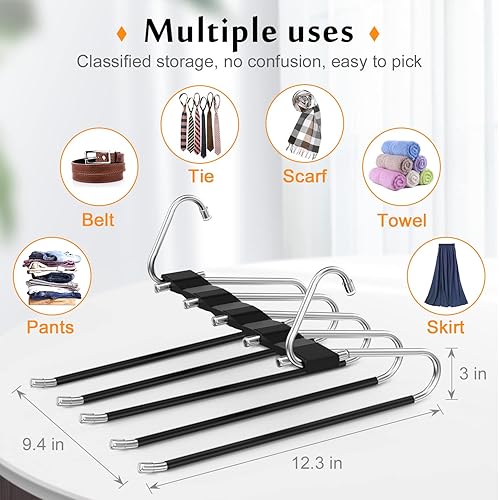 Miniatura 9 de Loretoy Paquete de 2 perchas para pantalones que ahorran espacio, estante multifuncional antideslizante para pantalones, tubo de acero inoxidable