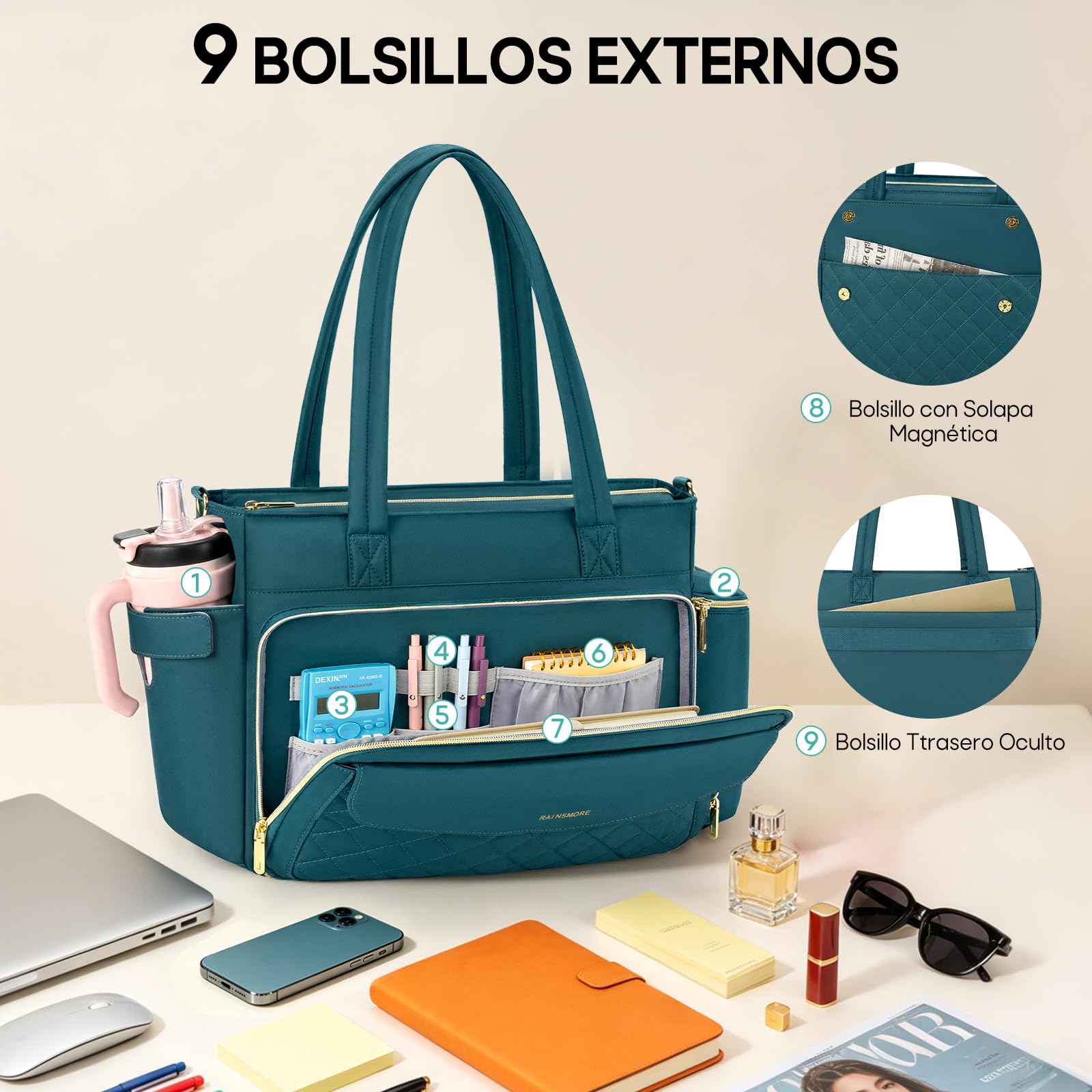 RAINSMORE Maletin Portatil Bolso Profesora Mujer 15.6 Pulgadas | Bolso Ordenador con Bolsillo Aislante y Portavasos, Multibolsillos, para Enfermera Trabajo Universidad