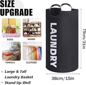 90L Large Laundry Basket, Collapsible Laundry Bag, Foldable Washing Basket with Padded Handles Stands Up Well for Easy Storage (Black)