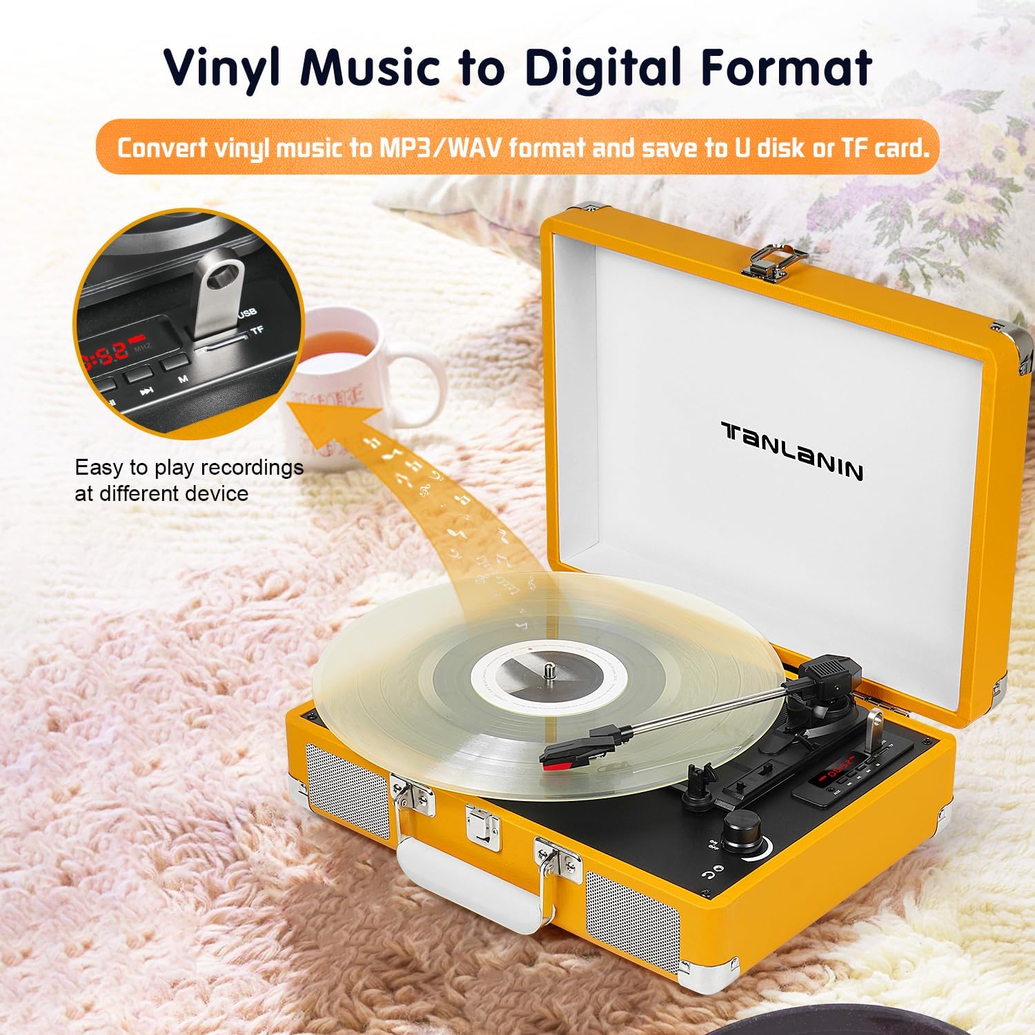 The turntable with an overlay showing the USB/TF card slots and LED display, indicating its ability to convert vinyl music to digital format.