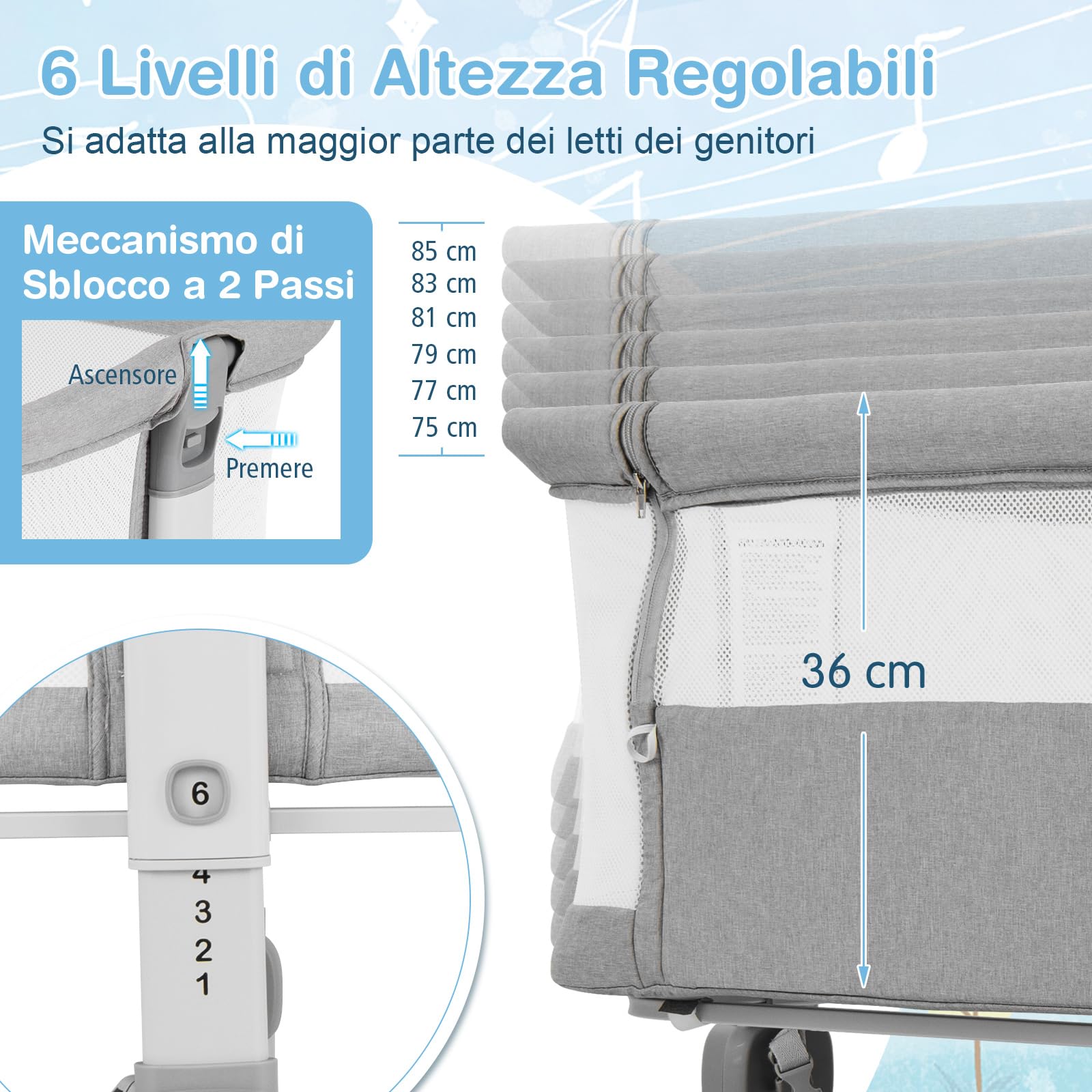 COSTWAY Culla Neonato con Matterasso, Culla Next to Me Piechevole con Altezza Regolabile a 6 Livelli, Lettino Bambino con Mensola Portaoggetti, Borsa da Trasporto, per Bambini 0-6 Mesi (Grigio Chiaro)