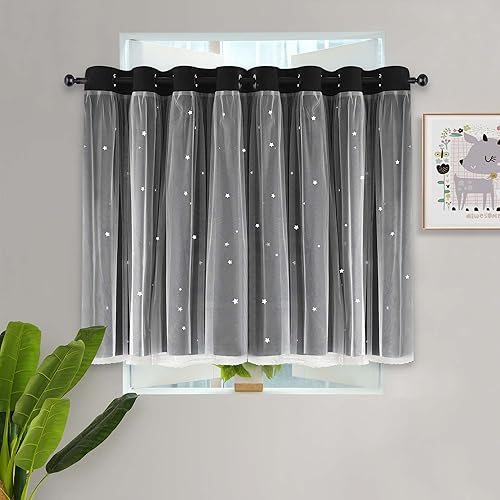 Miniatura 2 de Kinryb Cortinas opacas para niños, para dormitorio, sala de estar, aula, juego de 2 paneles pequeños, cortinas de doble capa con corte de estrella