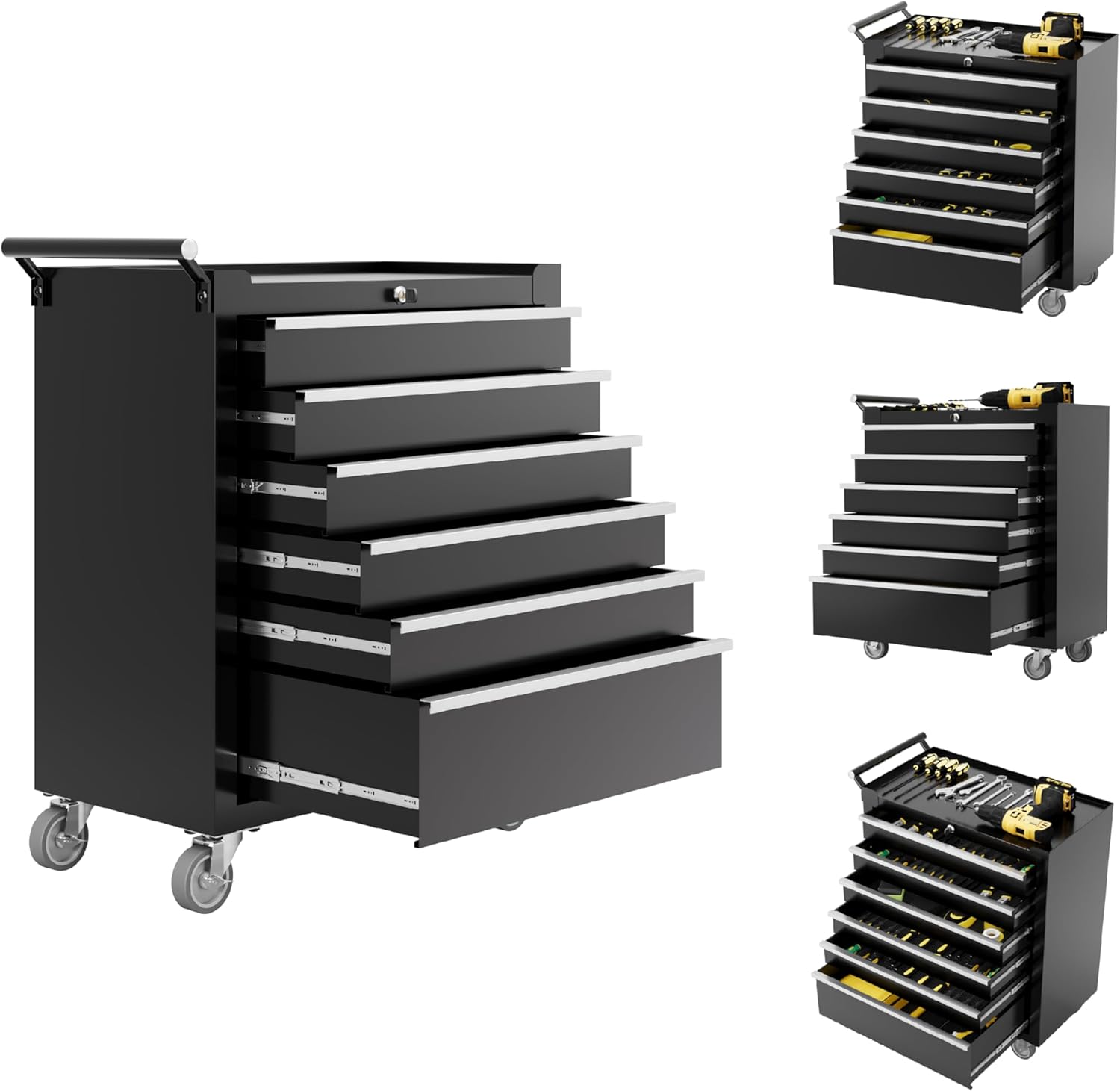 IDEALHOUSE Rolling Tool Chest, 6 Drawers Tool Storage Cabinet, Toolbox with Wheels, Portable Tool Cabinet Organizer with Locking System & Drawer Liners, Tool Storage Cart for Garage, Workshop, Black