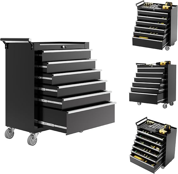 IDEALHOUSE Rolling Tool Chest, 6 Drawers Tool Storage Cabinet, Toolbox with Wheels, Portable Tool Cabinet Organizer with Locking System & Drawer Liners, Tool Storage Cart for Garage, Workshop, Black
