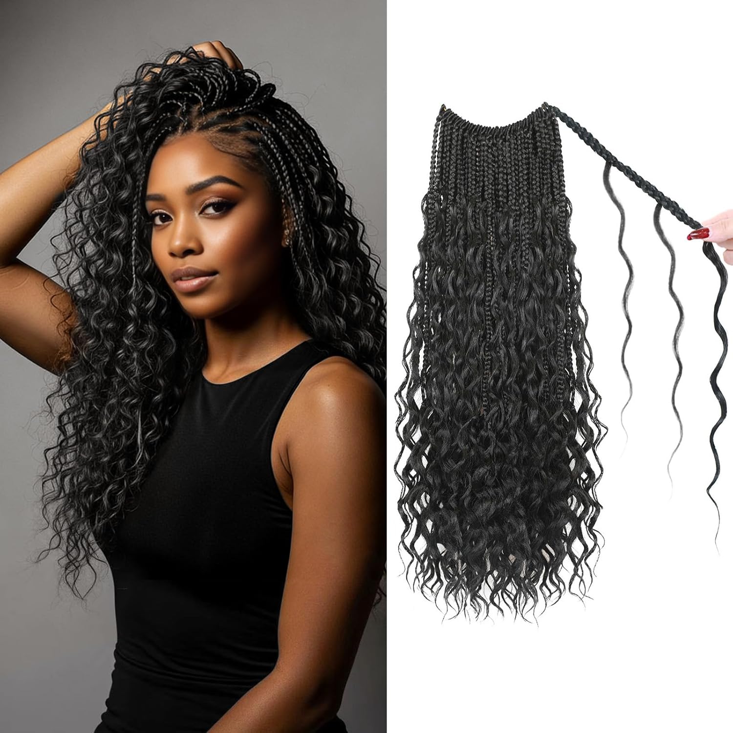 9 Packs Boho Box Braids Crochet Hair 14 Inch Pure Protein Fiber Similar to Human Hair Goddess Box Braids Crochet Hair With Curly Ends Pre Looped Bohemian Braid Hair Extension For Women(14 Inch, 1B)